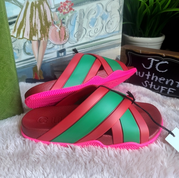 GUCCI Rubber Web Womens Criss Cross Slide Sandals  Coral New Shamarock - Picture 10 of 13